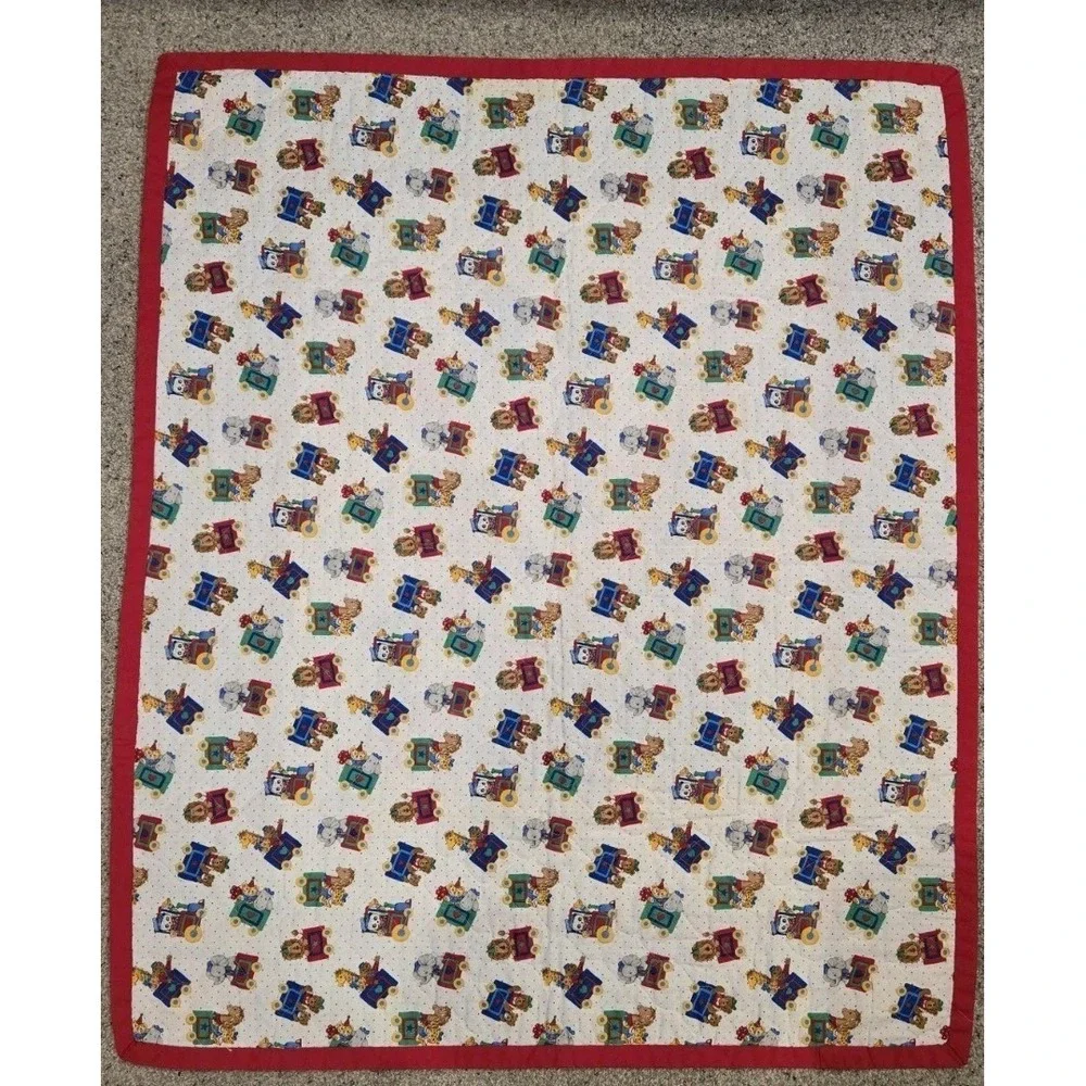 Baby Crib Quilt ABC Animal Train Blue Red Vintage Nursery Blanket 40x31